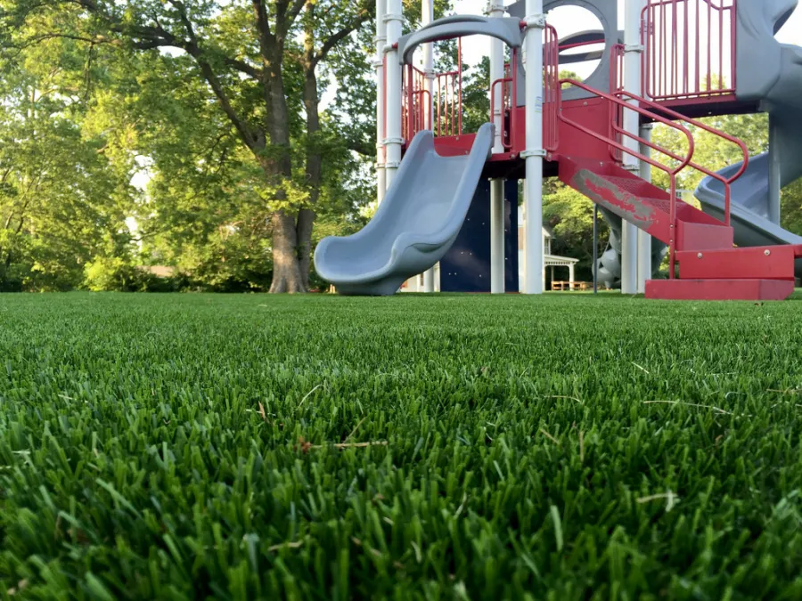Low view of playground grass beside a slide